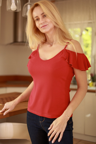 Vera Mirale Damenbluse – offene Schulter, Rüschen, Viskose – rot