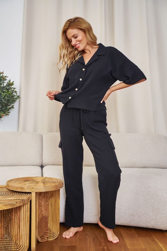 7236 Damen-Pyjama „Doctor Nap“ aus Musselin – Schwarz