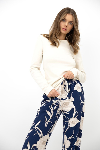 Sensis Azelia Damen Baumwoll-Pyjama Ecru mit Blumenmuster, lange Hose