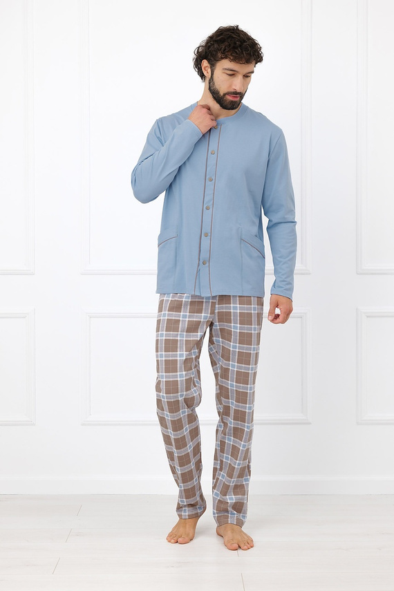 Italian Fashion Wilhelm Herren-Pyjama 100% Baumwolle Knöpfe Kariert - Cappuccino