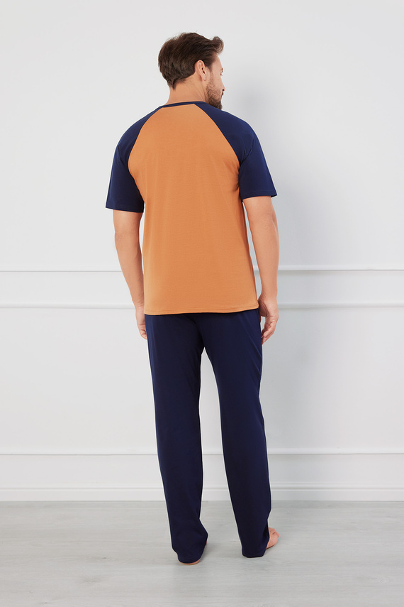 Alexander Herren Kurzarm-Pyjama, lange Hose Italian Fashion - cognac/grenade