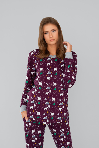 Ava Damen-Schlafanzug mit langen Ärmeln und Hose Italian Fashion- print burgundy 