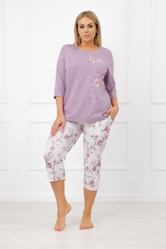 Italian Fashion Karilla Damen-Pyjama 3/4 Ärmel 100% Baumwolle Blumen Heidekraut