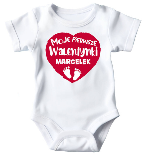 SKU N070 „Mein erster Valentinstag + Name“ Moocha Kurzarm-Body, weiß