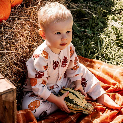 Eevi Halloween-Kinderclown – Ecru, Kürbisse, ohne Füße, Baumwolle