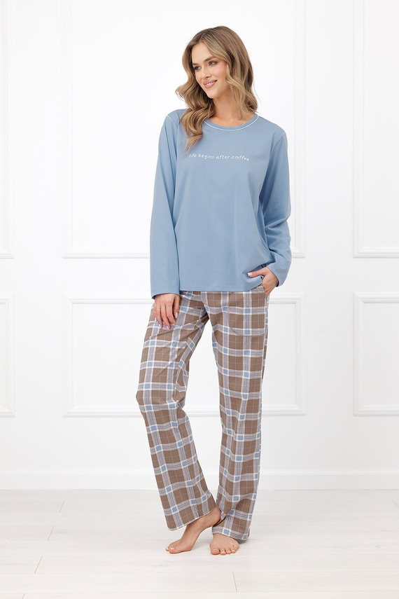Damen-Pyjama Italian Fashion Delma 100% Baumwolle Lang Hose Kariert-Stahl