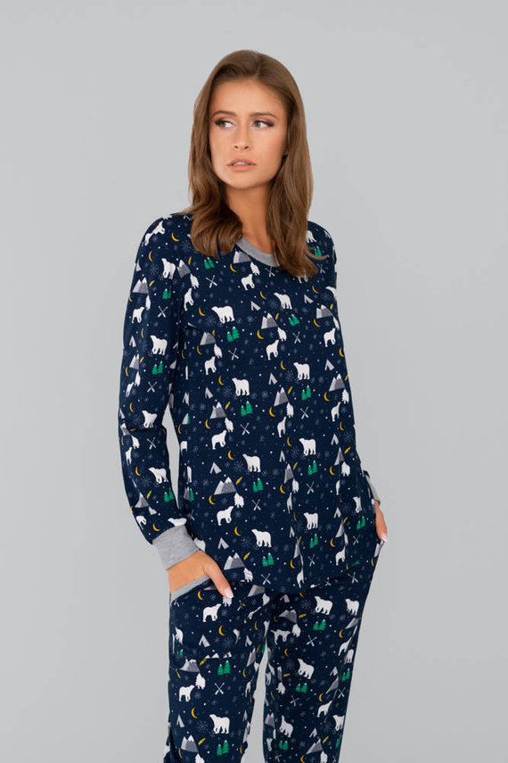 Ava Damen Schlafanzug mit langen Ärmeln und Hose Italian Fashion - marineblauer Druck