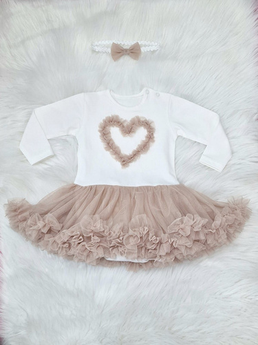 Mia Body-Kleid Langarm Bambarillo – Ecru und Beige, Baumwolle mit Tüll