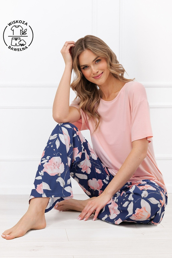 Damenpyjama Italian Fashion Ardizja Viskose Baumwolle Blumen Lang