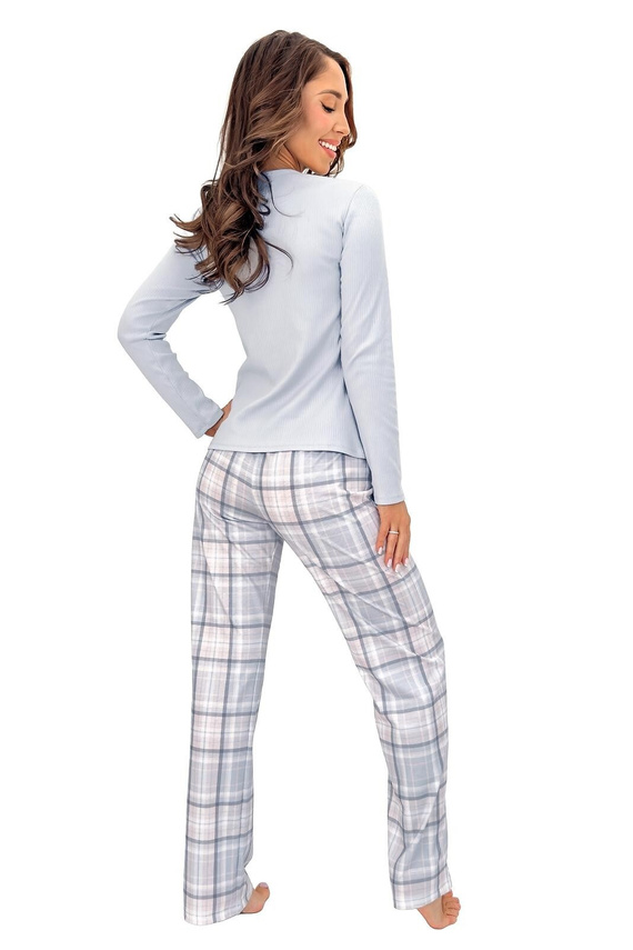 Donna Dani Long graue Damen-Baumwoll-Pyjama mit Rippenstruktur, Hose kariert
