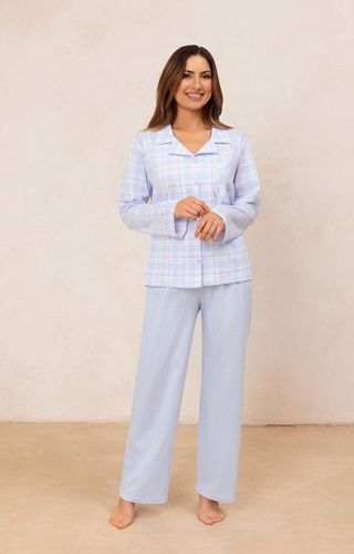 727 Damen-Pyjama Regina blau – 100 % Baumwolle, kariert, Hemd mit Knöpfen