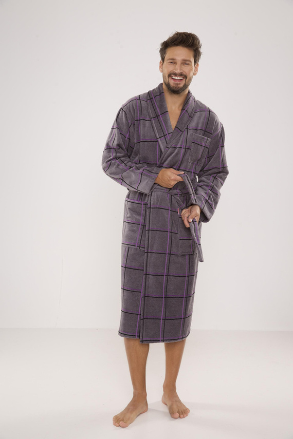 803 / 819 Twin Forex Frottee-Morgenmantel für Herren - grau mit lila Karos (grau kariert)