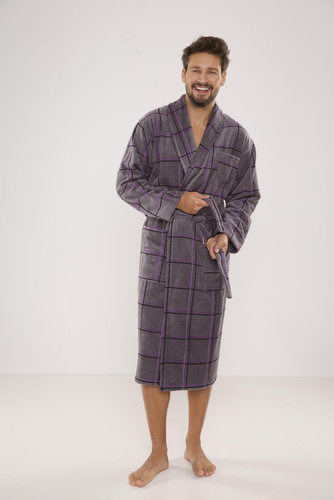 803 / 819 Twin Forex Frottee-Morgenmantel für Herren - grau mit lila Karos (grau kariert)