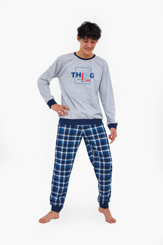 967/54 Thing Cornette Grey Jugendpyjama – 100 % Baumwolle, bedruckt, karierte Hose