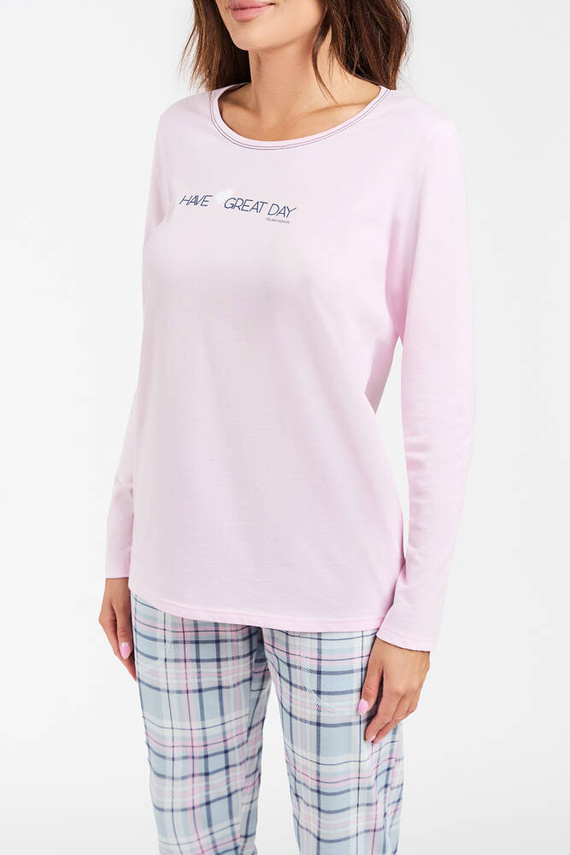 Glamour Ladies' langärmeliger Pyjama und lange Hose Italian Fashion - rosa/print