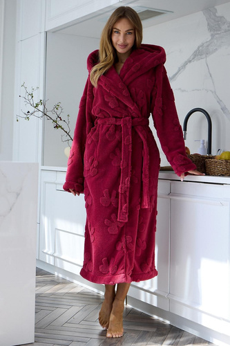 L&L Maya 2631 Damen langer Bademantel mit Kapuze, weich geprägt – Sangria
