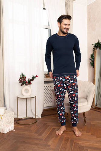 Rojas Herren Schlafanzug mit langen Ärmeln, lange Hose Italian Fashion - navy blau/print