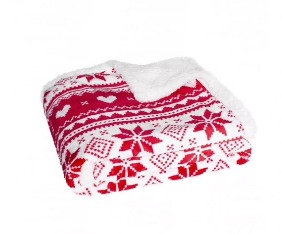 Rote SACO-Weihnachtsdecke – weich und warm mit norwegischem Schneeflockenmuster in einer dekorativen Tasche