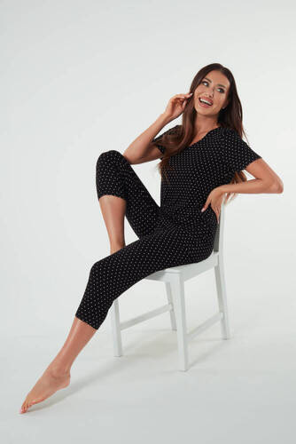 Puntini Damen Schlafanzug kurzarm, 3/4 Hose Italienische Mode - schwarz