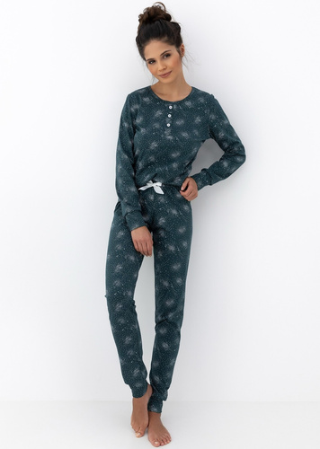 Ellison Damen-Pyjama Sensis, Grün - Baumwollpyjama mit langen Ärmeln und gerippten Bündchen