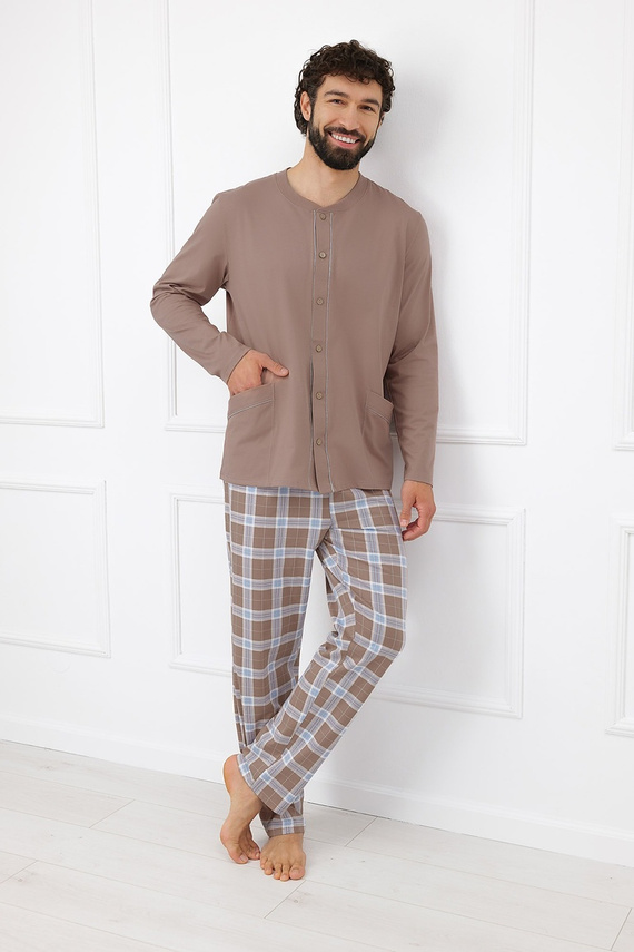 Italian Fashion Wilhelm Herren-Pyjama 100% Baumwolle Knöpfe Kariert - Cappuccino