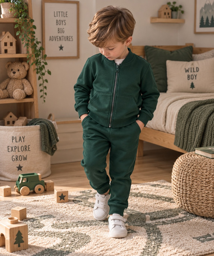 Mamatti DR919 grüner Kinder-Jogginganzug aus Baumwolle mit Reißverschluss, Stehkragen, Hose und Taschen