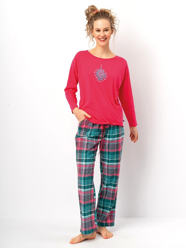 Damenpyjama LNS 420 Key Himbeere – Baumwolle, lange Ärmel, Flanellhose