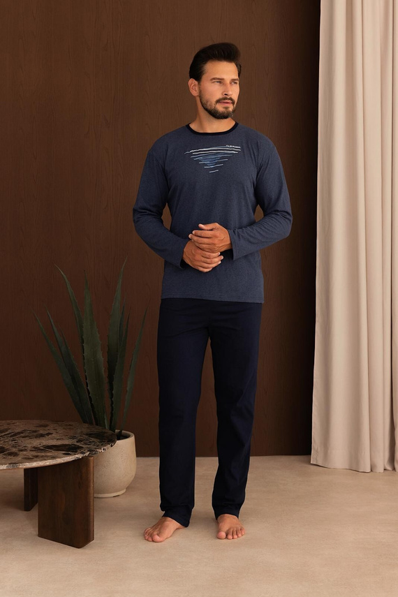 Herren-Pyjama Regina 6007 100% Baumwolle Lang mit Grafik - marineblau