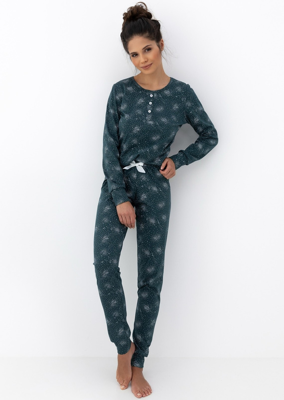 Ellison Damen-Pyjama Sensis, Grün - Baumwollpyjama mit langen Ärmeln und gerippten Bündchen