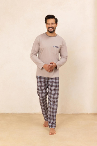 Regina 488 – beige Herren-Baumwollpyjama mit langen Ärmeln, klassischer Schnitt