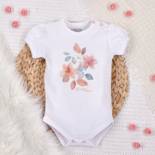 ABN-5418 Bunte Blumen Kurzarm-Body aus Bio-Baumwolle Nini weiß