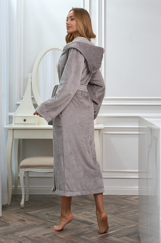 L&L 2602 Honey Damen langer Bademantel mit Kapuze, weich, zum Binden, grau
