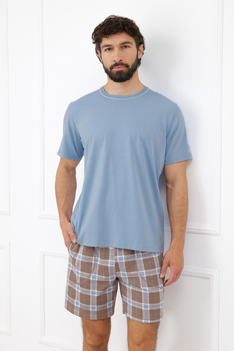 Herren-Pyjama Italian Fashion Dante aus Baumwolle, kurz, Shorts, kariert, Taschen – Stahlfarben