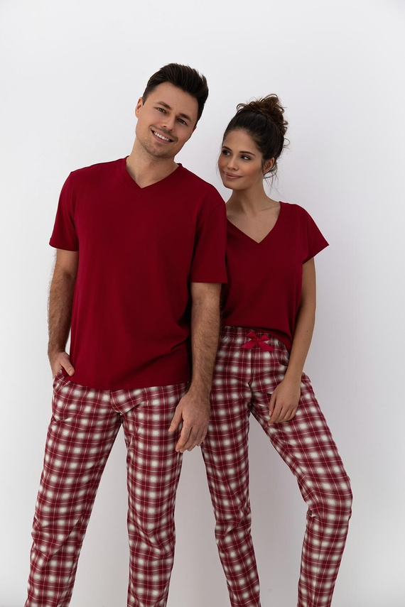 Matthew Pajama Sensis – Baumwollpyjama für Herren mit T-Shirt mit V-Ausschnitt und karierter Hose
