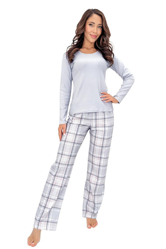 Donna Dani Long graue Damen-Baumwoll-Pyjama mit Rippenstruktur, Hose kariert