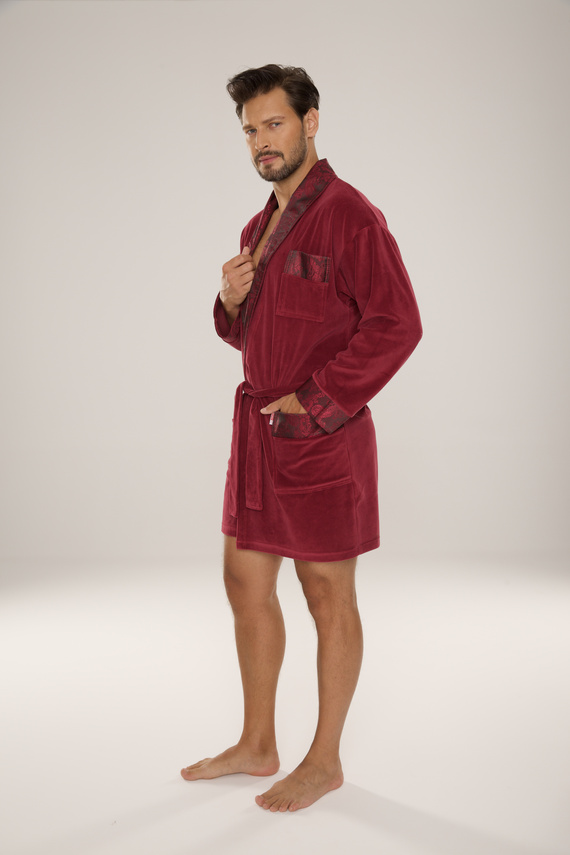 866 Noble Men's De Lafense Velours Bademantel - kurz, elegant, Baumwolle - burgunderrot