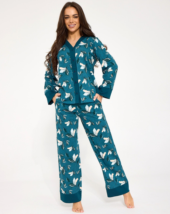 Damen-Pyjama Cornette 514/509 Virginia Blau 100% Baumwolle mit Knöpfen