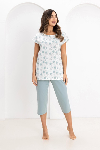 Damen Pyjama Regina 730 aus 100% Baumwolle – Kurzarm-Shirt mit bunten Punkten, 3/4 Hose, Atmungsaktiv & Sommerlich