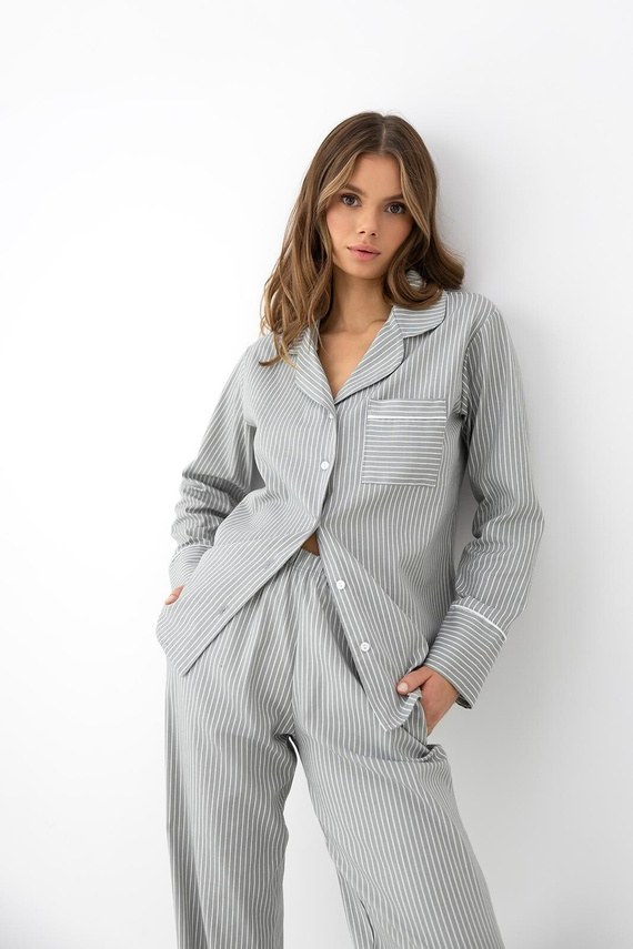 Sensis Imani graue Damen-Baumwoll-Pyjama mit Knöpfen und feinen Streifen