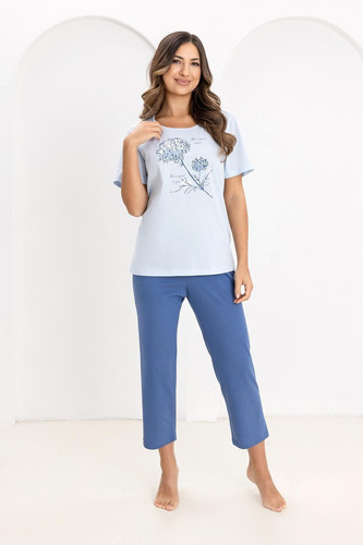 Damen Pyjama Regina 734 aus 100% Baumwolle – Kurzarm-Shirt mit Print, 7/8 Hose, Atmungsaktiv, Bequem & Sommerlich