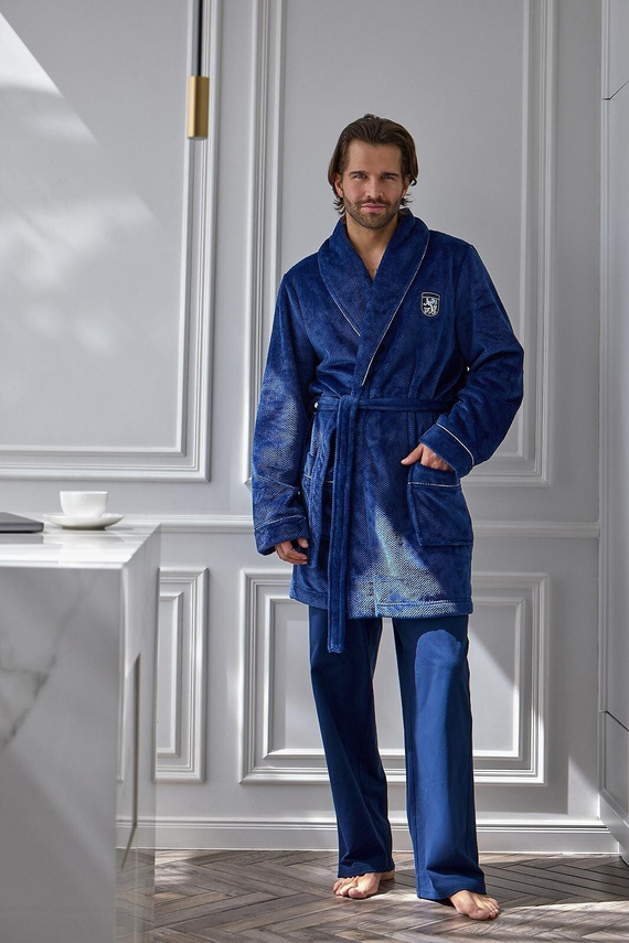 L&L Elegant 2664 Herren Bademantel kurz, weich, Waffelstruktur mit Kragen, navy