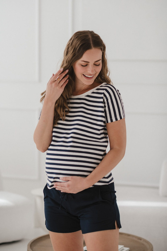 Two Ways Reversible Umstands- und Stillbluse | Kurzarm, bequemes Milk&Love marineblau-weiß gestreift