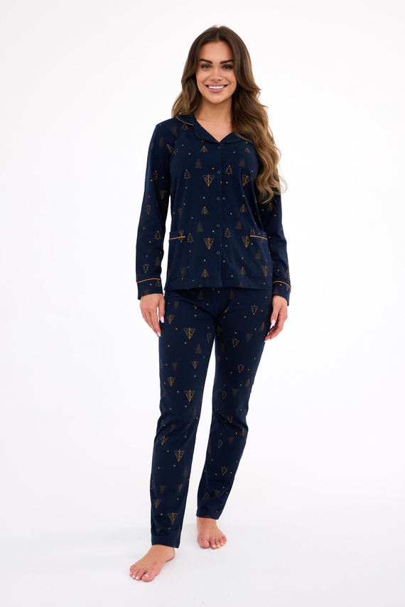 482/447 Gold Cornette Damenpyjama – Weihnachten, Baumwolle, Marineblau, geknöpft