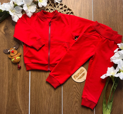 Mamatti DR914 roter Kinder-Jogginganzug aus Baumwolle mit Reißverschluss, Stehkragen, Hose und Taschen