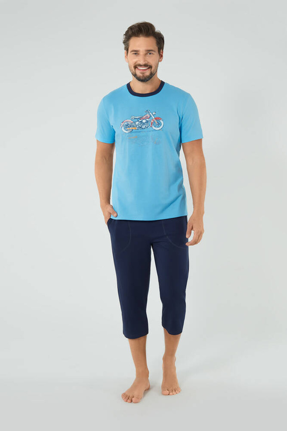 Junak Herren Kurzarm-Pyjama und 3/4 Hose Italienische Mode - blau/grün