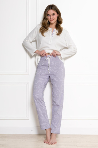 Damen-Pyjama Leveza 1783 Mira in Creme-Lila, 100% Baumwolle