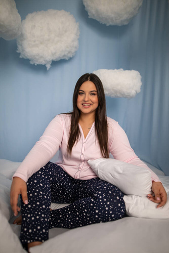 Libra Damen Schlafanzug langarm und Hose Italian Fashion - rosa/print 