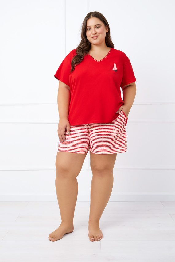 Flota Damen Schlafanzug mit kurzen Ärmeln, Shorts Italian Fashion - roter Druck