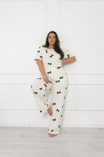 Damenpyjama Figaro - ecru, Baumwolle, kurze Ärmel + lange Hose Italian Fashion