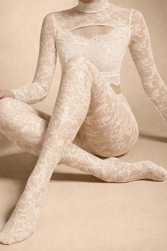 Damen Strumpfhose Knittex Chantilly 30 den – Strumpfhose mit Spitzenmuster ecru